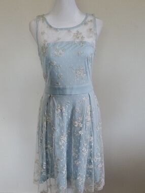 Light Blue Floral Embroidered A-Line Dress